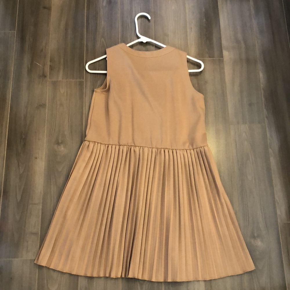 Pleated Beige Dress with Rhinestone Buttons - Picture 2 of 4